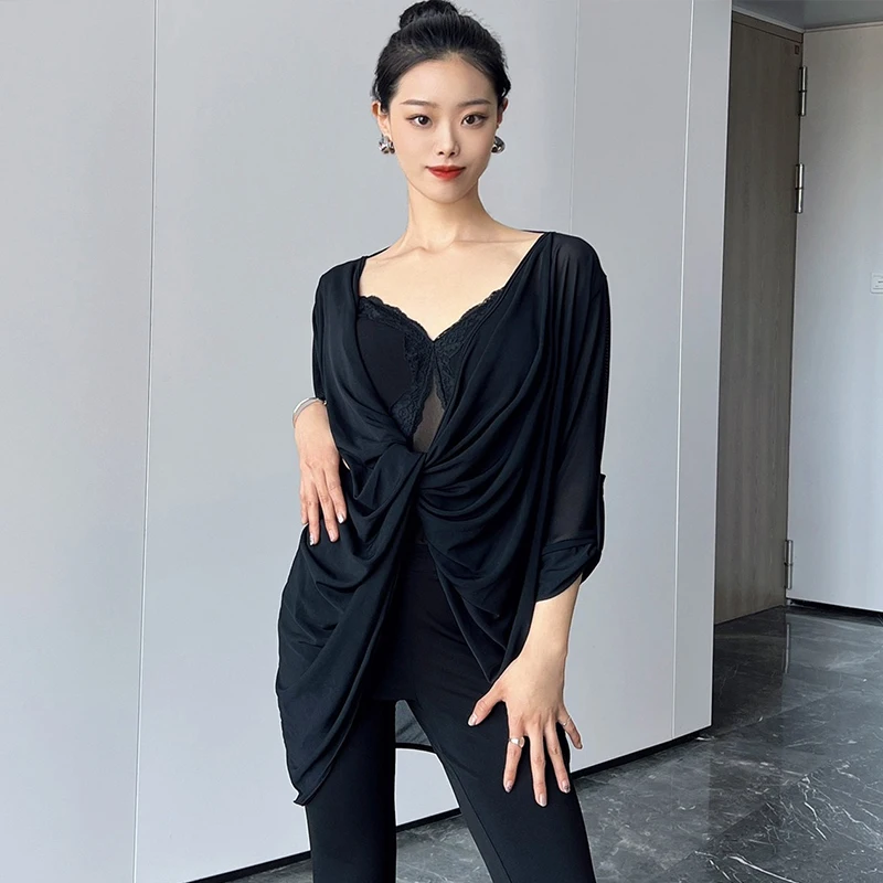 Strój do tańca latynoamerykańskiego dla dorosłych, damski, szary top treningowy, luźny, siateczkowy fartuch do latynoamerykańskich tańców, tango, cha-chy, rumby, taniec w linie, VBH2167