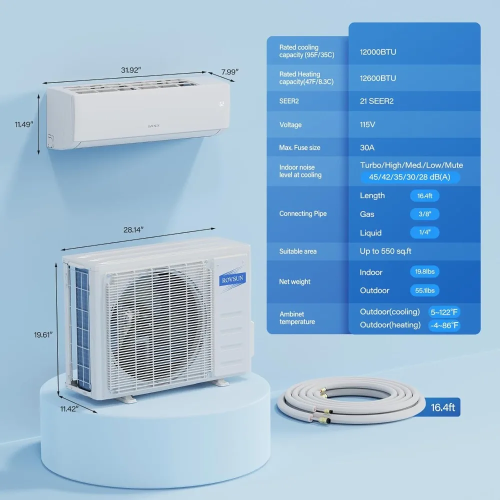 12000 BTU Wifi Enabled Mini Split Air Conditioner & Heater with Inverter, 21 SEER2 Energy Saving 115V Ductless Split AC Unit