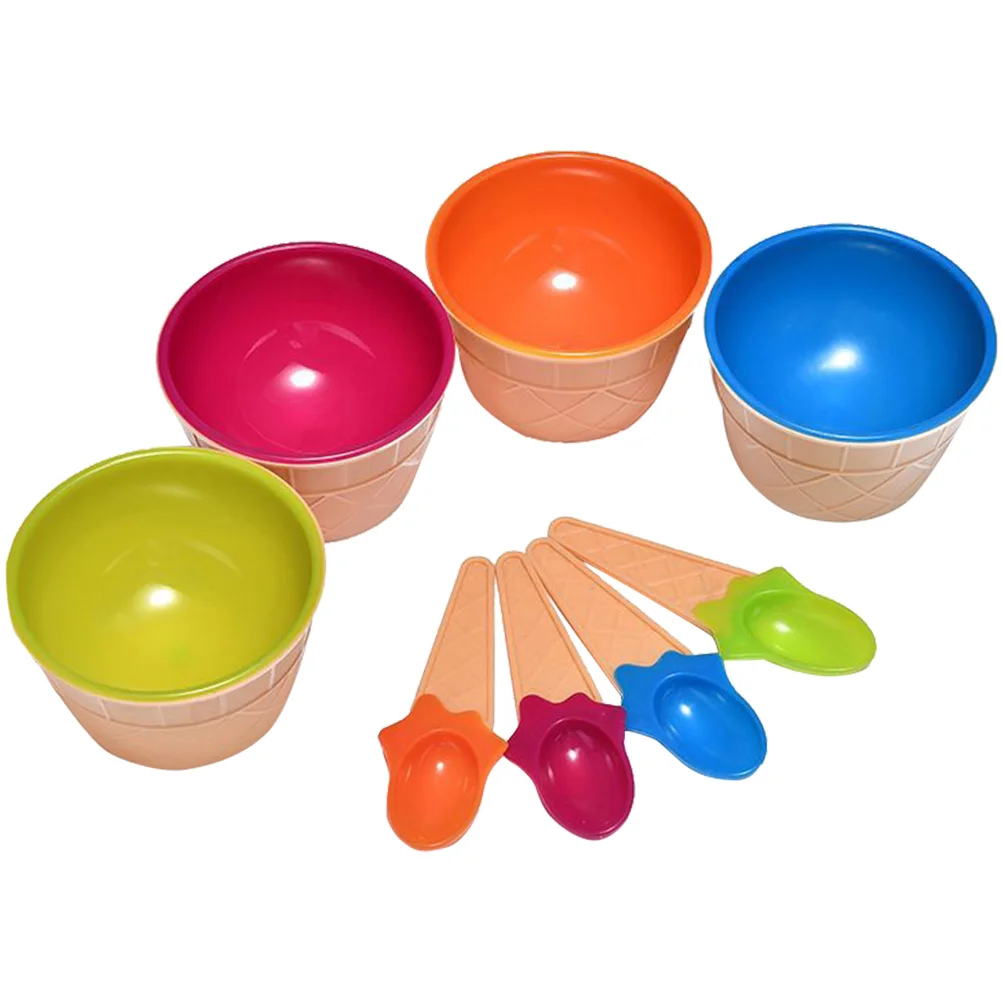

4 Sets Ice Cream Bowl Spoon for Parties Container Fruit Decorative Bowls Plastic Camping Snack Dishes Rice