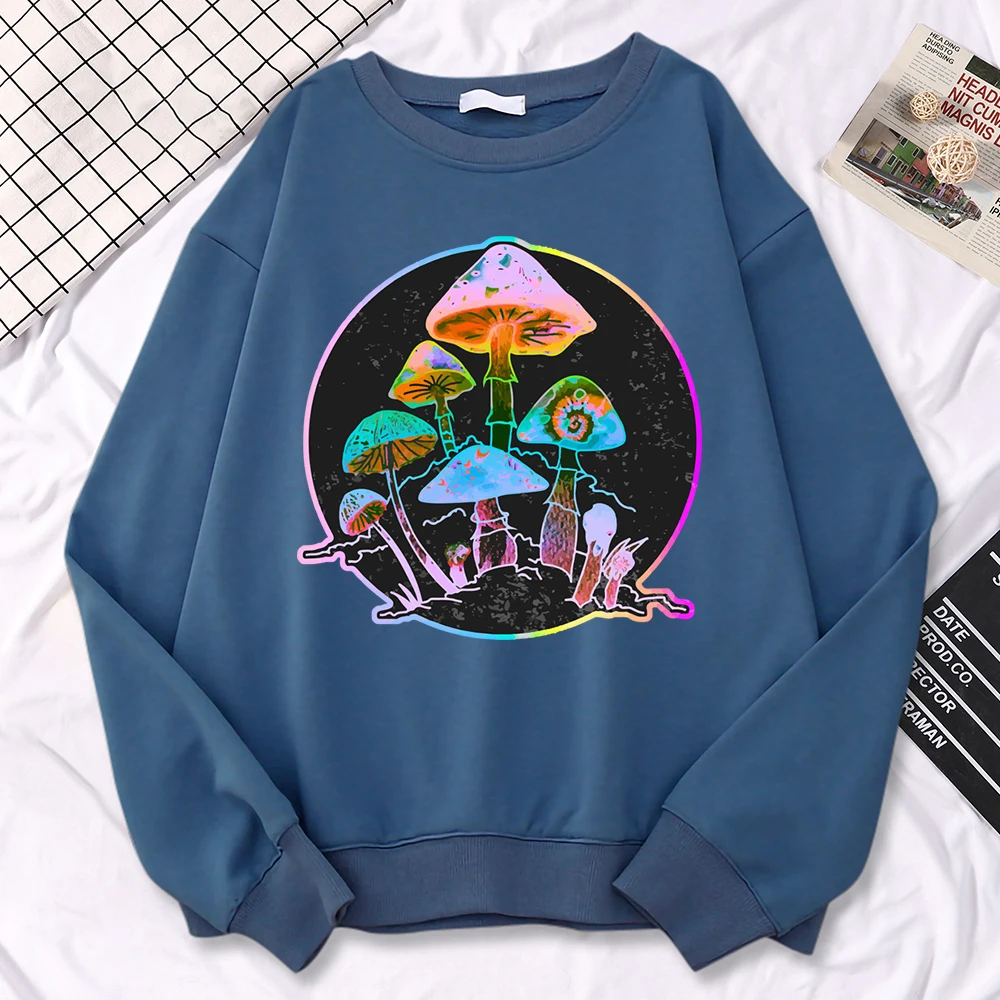 Casualwomen\'S Pullover Garden Of Shrooms Colorful Neon Style Mushroom Print Hoody Loose Crewneck Sweatshirts Warm Fleece Tops