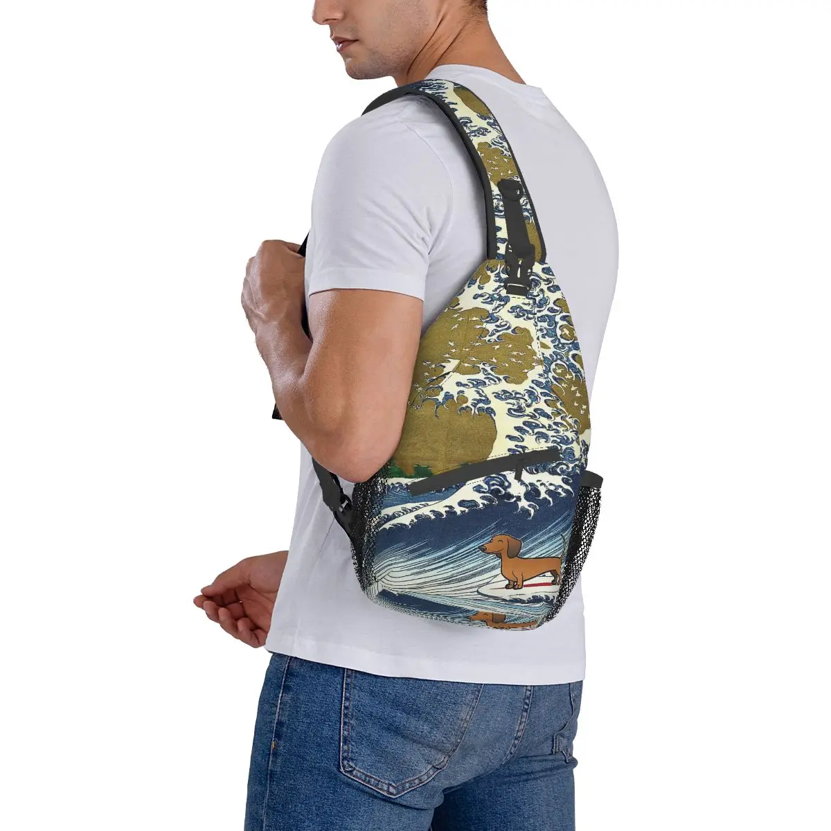 Dachshund Weiner Dog Surfing Small Sling Bag Chest Crossbody Shoulder Sling Backpack Hiking Travel Daypacks Sausage Doxie Bag