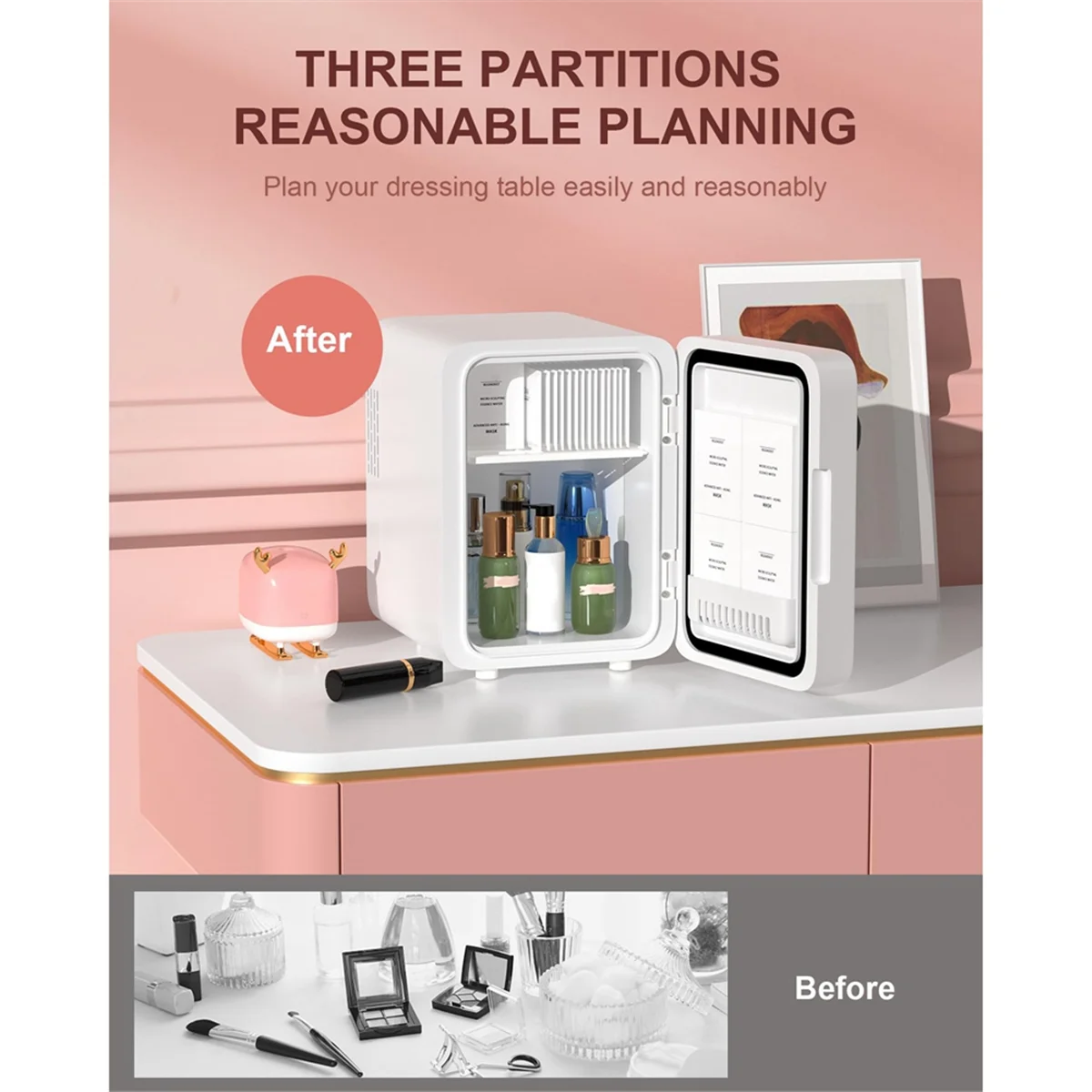 ใหม่แต่งหน้าตู้เย็นพร้อมไฟ LED กระจก 4L ตู้เย็นขนาดเล็กสําหรับห้องนอนรถตู้เย็นขนาดเล็กสําหรับเครื่องสําอาง,Skin Care US Plug