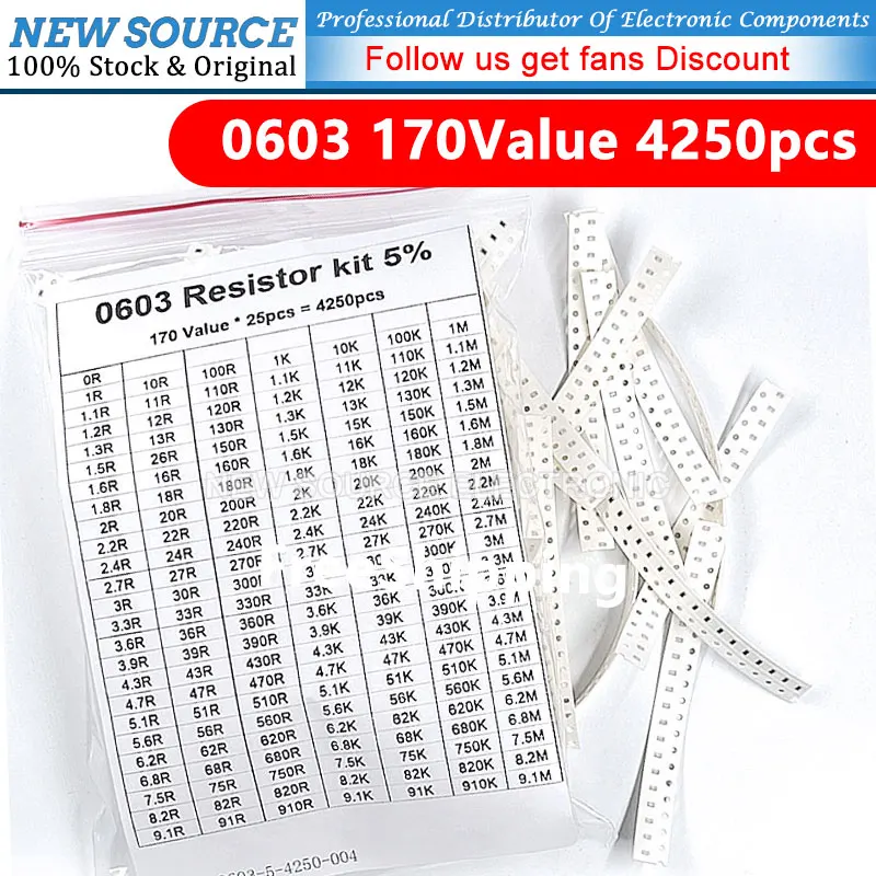 4250Pcs Set of Resistors 0603 SMD Resistor Assorted Sample Kit 1R-10M Ohm 1% 170values X 25pcs 10 100 150 220 330 470 Ohm STOCK