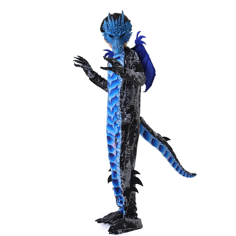 2025 New Arrival Dragon Jumpsuit With WIng And Mask Halloween Outfit Child Boys Black Blue Dragon Costume