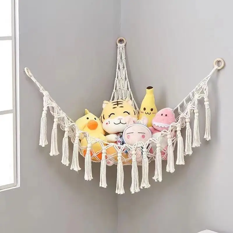 Multiple Colors Triangular Mesh Bag Hand Woven Tapestry Storage for Bedroom Plush Toys Dolls Items Dormitory