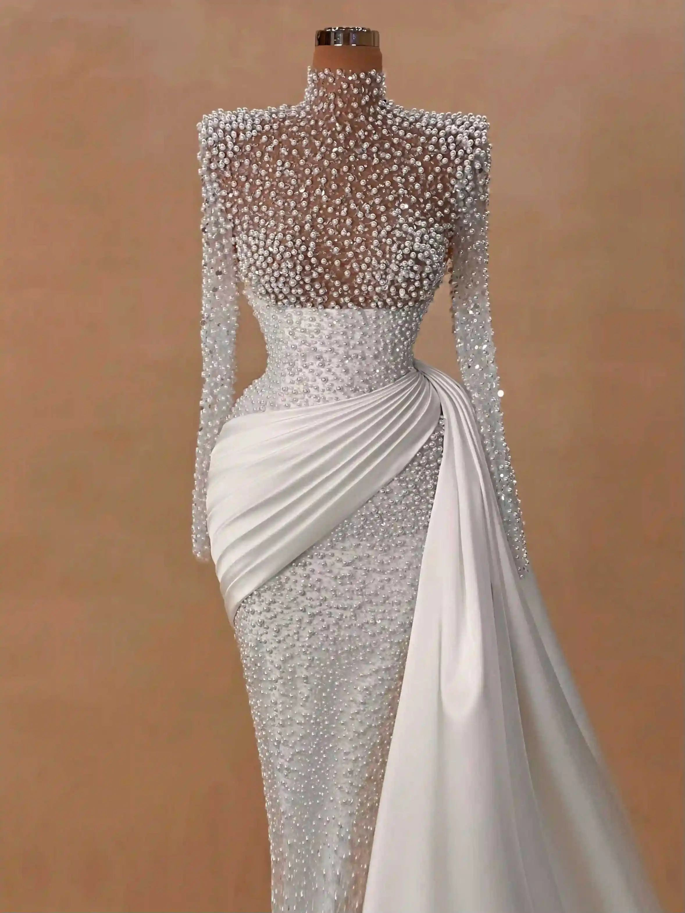 패션 하이넥 진주 머메이드 웨딩드레스 섹시 비즈 장식 긴팔 브라이덜 가운 사이드 트레인 레이스 신부 드레스 맞춤 제작