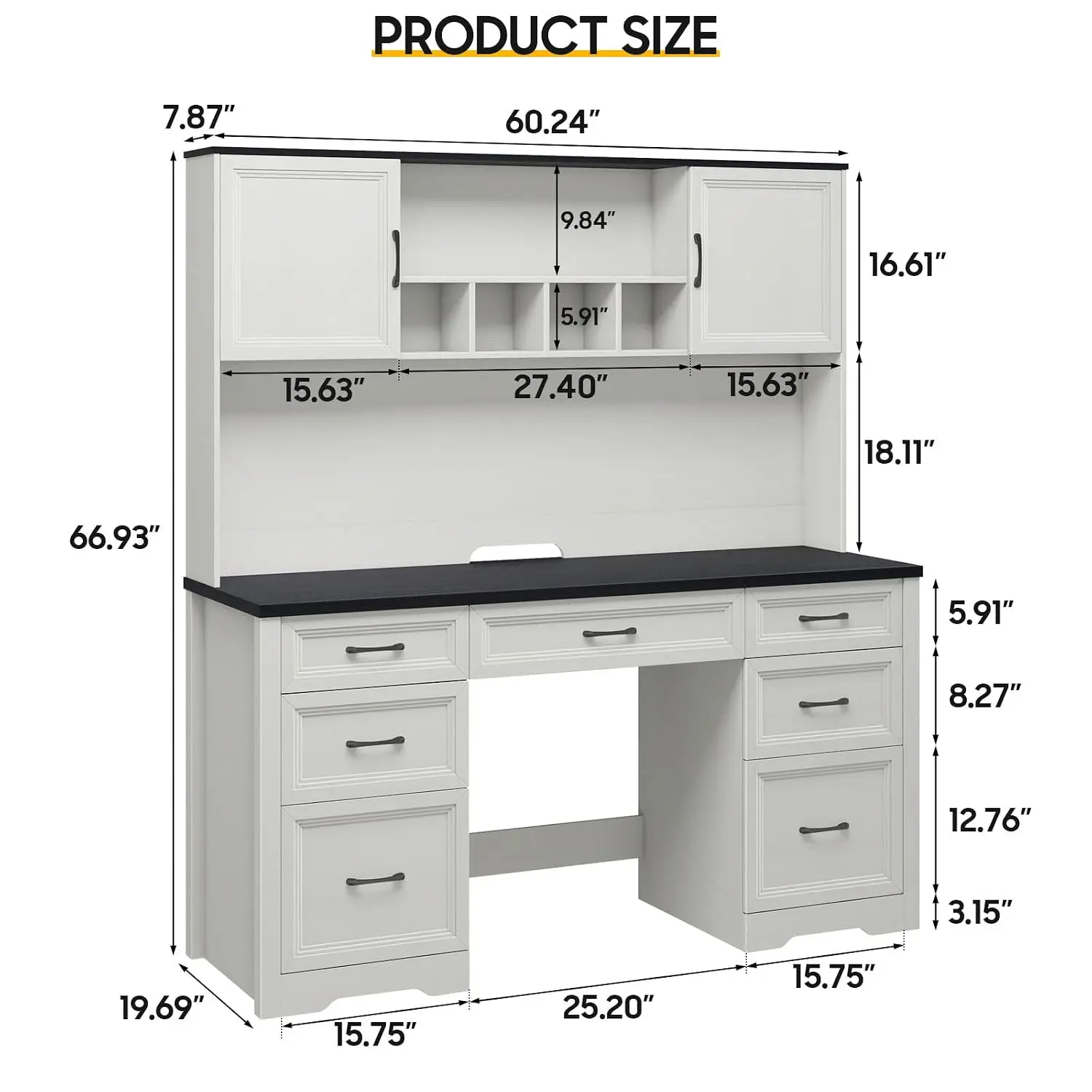 Farmhouse Executive Desk with 7 Drawers and Storage Cabinet, Rustic Large Home Writing Desk with Hutch, Workstation, Customized