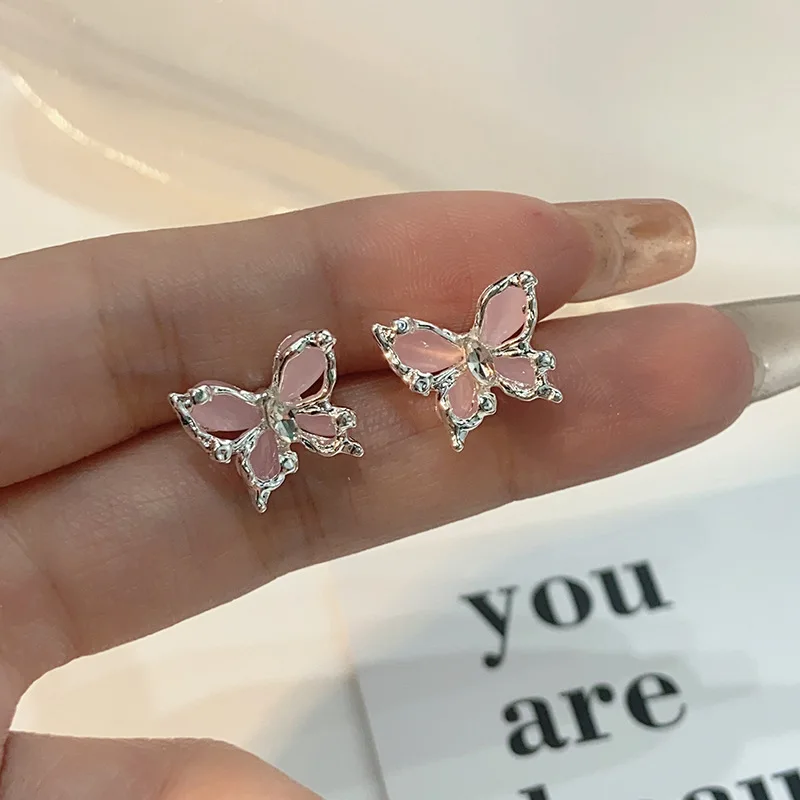 Small Pink Butterfly Opal Zircon Irregular Lava Border Tracing Stud Earrings for Women Fashion Jewelry Minimalist Accessories