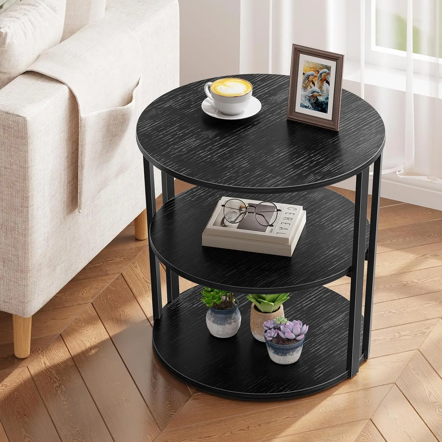 

Round Side Table, 3-Tier Rotating Side Table, Big Shelf End Table Living Room with Lazy Susan, Nightstand for Small Spaces Li