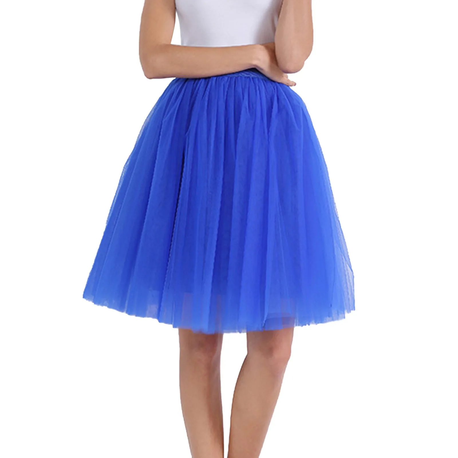 

New Mesh Puffy Tutu Skirts For Women Solid Color Knee Mid Length Layered Midi Skirts Elastic Waisted Female Half Length Skirt