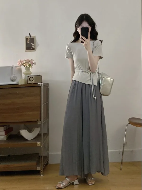 

plus Size Women's Casual High Waist Loose Wide Leg Pants Short Sleeve Irregular Design Fashionable plus Size Set Korean Style