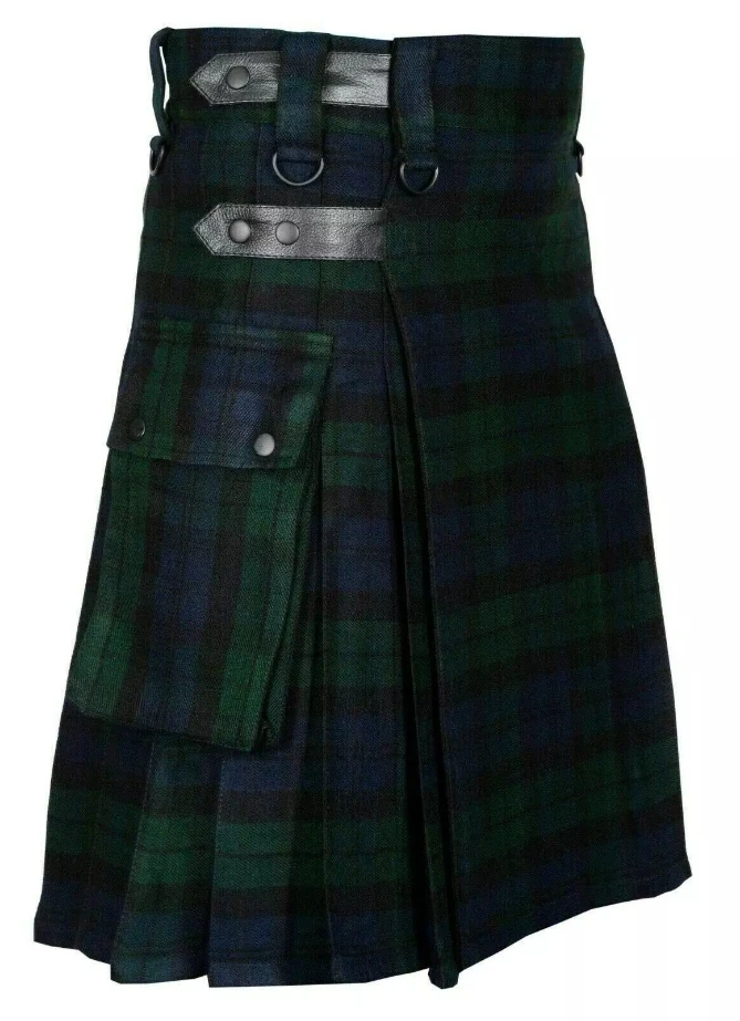 High Quality Fashion Men Cool Pocket Kilts Solid Color Gothic Kilt Vintage Warrior Cargo Kilt Metal Belt Pleated Skirt