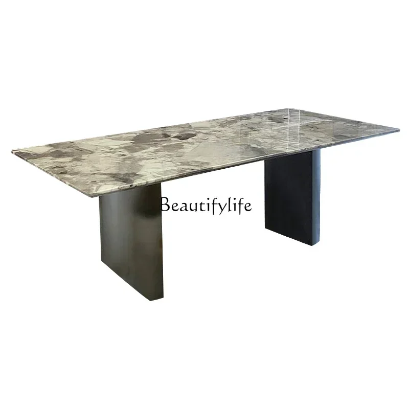 Gray natural marble dining table Italian light luxury high-end rectangular luxury stone dining table