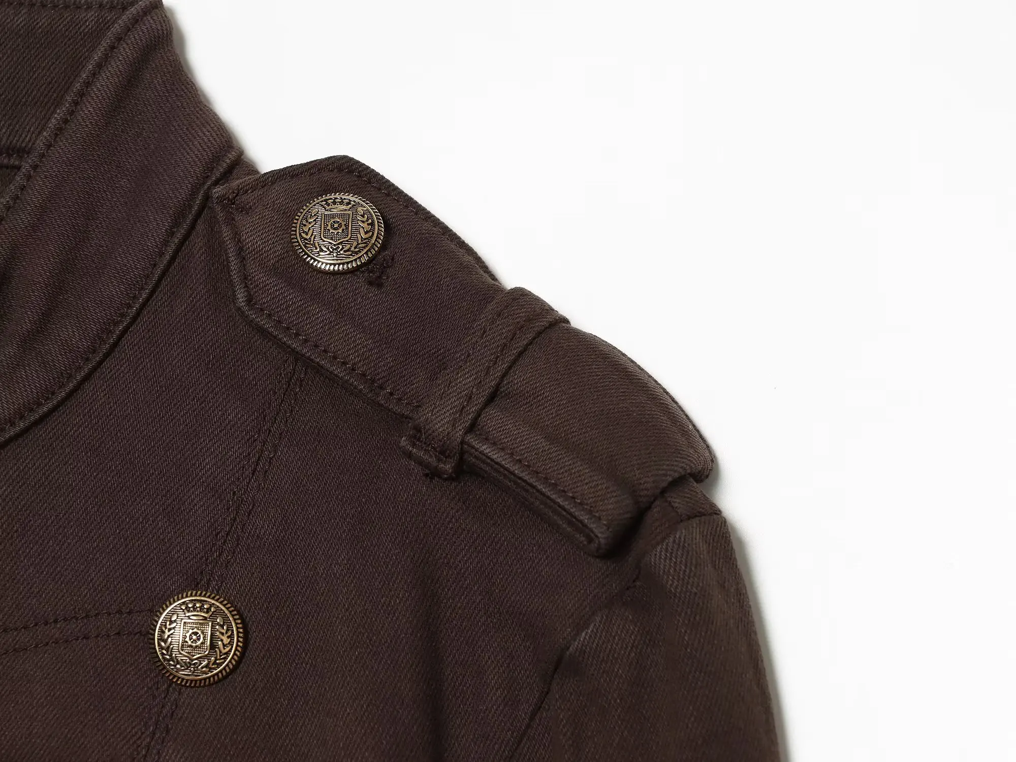 BSAY Vintage Napoleon Denim-Jacke für Damen, Stehkragen, Doppelreihige Metallknöpfe, Schulterklappen, Figurbetont, Kurze Militär-Oberbekleidung – Detail 5