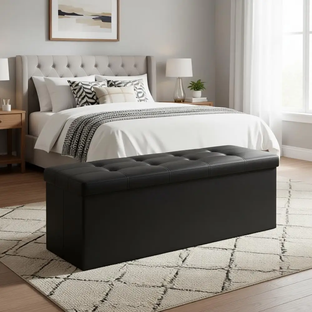 43 Storage Ottoman Bench, Footrest Stool, Synthetic Leather, Black, 660 lb Load Capacity