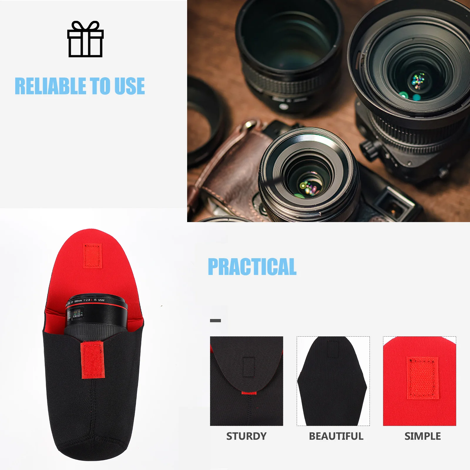 

5pcs Camera Lens Pouch Bag Thick Neoprene Water Resistant Protective Case for Sand Dust Bumps Belt Snap Clip Dustproof