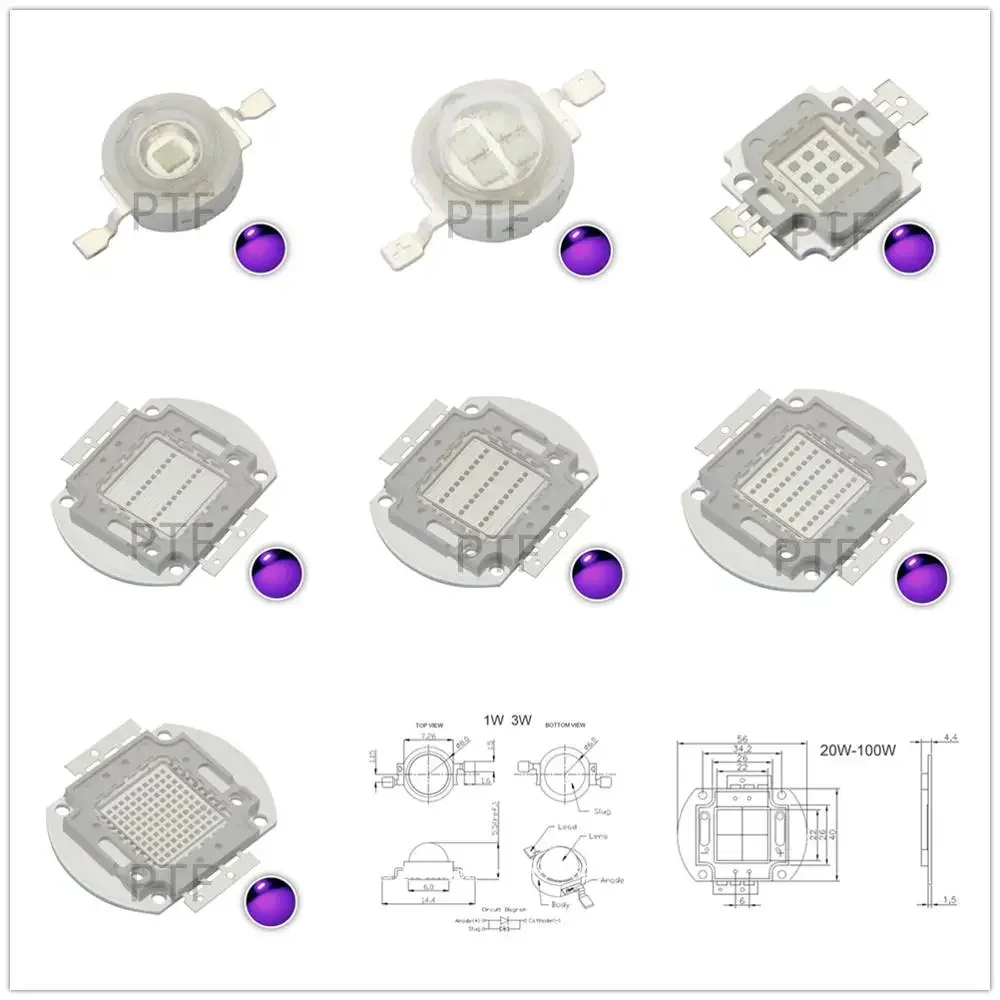 UV Purple High Power LED Bulbs Ultra Violet Chips 360nm 365nm 370nm 380nm 390nm 395nm 400nm 405nm 1W 3W 5W 10W 20W 30W 50W 100W