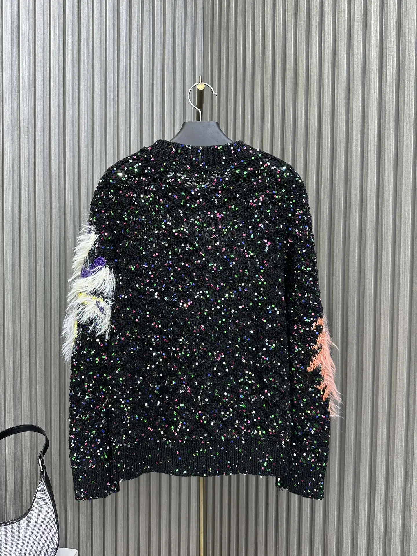 EVACANDIS High Quality Women New Sequins O-Neck Knitted Pullover Tops Cotton Blended Handmade Feather Hit Color Elegant Sweater