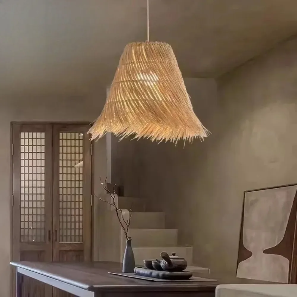 

Retro Creative E27 Rattan Chandeliers Hand Woven Circular Straw Hat Lampshade Countryside Restaurant Bamboo Woven Pendant Lights