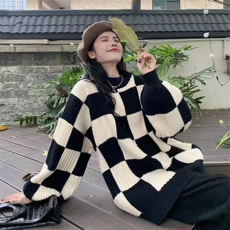 Checkered Sweater Women Harajuku Y2K Black White Plaid Pullover Sweater Long Sleeve Fashion Streetwear Winter Knitted Jumper