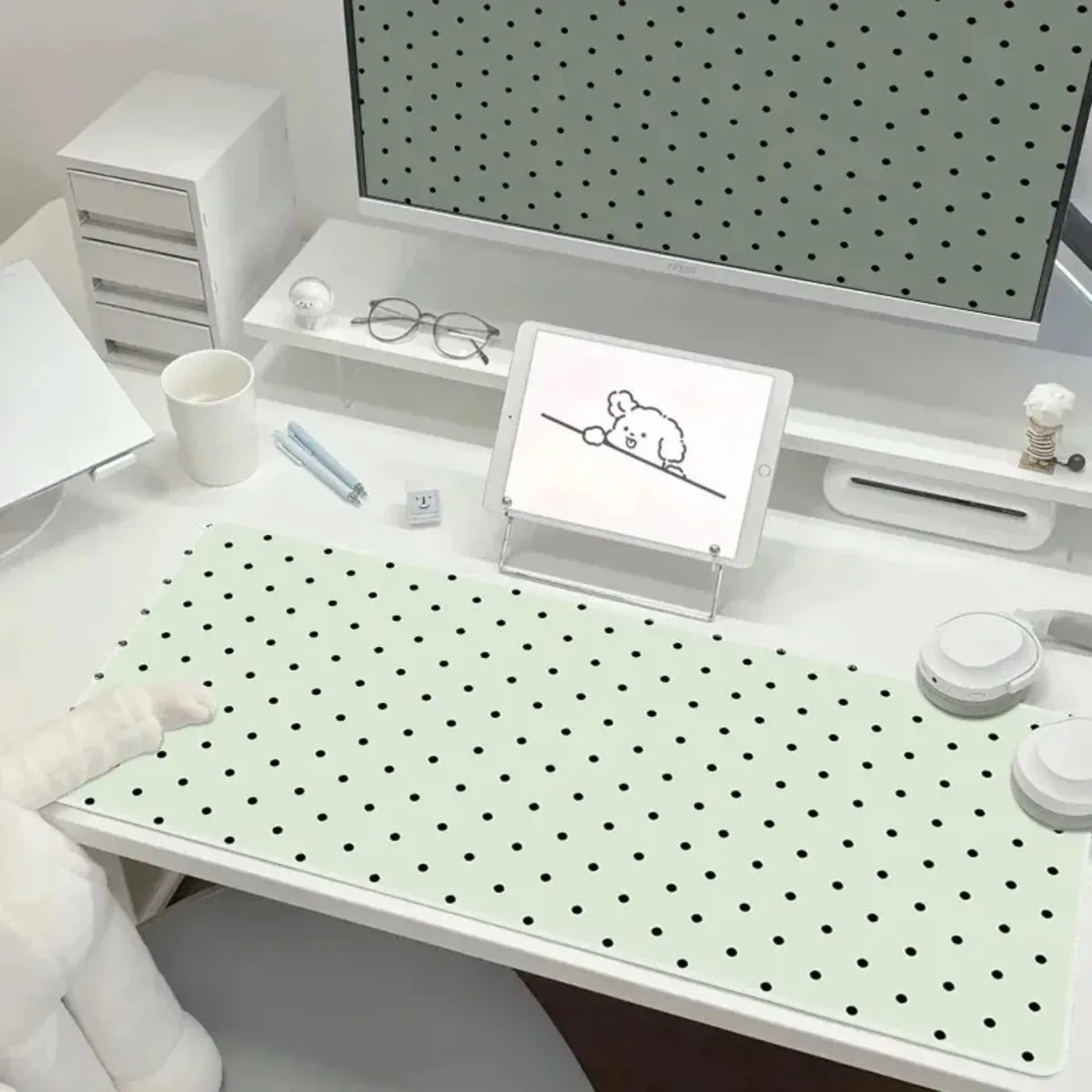 

Корейский милый минималистичный коврик для мыши с точечным узором, большой, кремовый, эстетичный, моющийся, для девочек