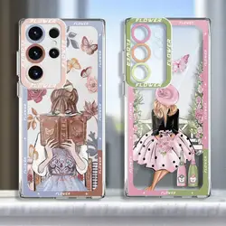 Butterfly Girl Flower Case for Samsung Galaxy S24 Ultra S20 FE S21 S22 Plus S23 Ultra 5G S23 FE Note 20 Ultra Transparent Soft