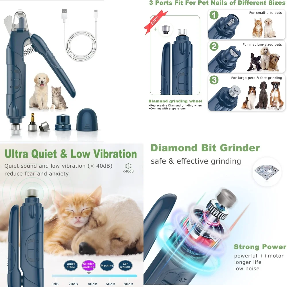 

Dog Cat Nail Clipper and Grinder Set with Dual LED Light 3 Grinding Ports USB Rechargeable Pet Nail Trimmer Quiet Electric Nail