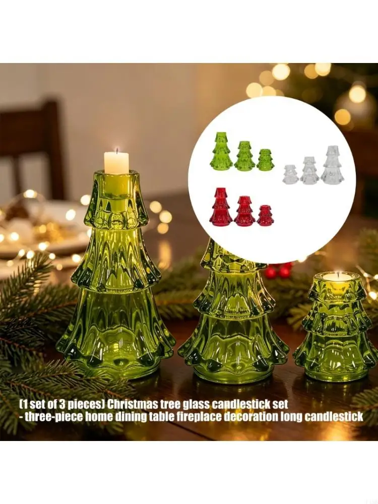 F19B Table Arrangement Glass Taper Holders Set, Christmas Tree Candlestick Accent with Added Height for Shelf Display and Indoor