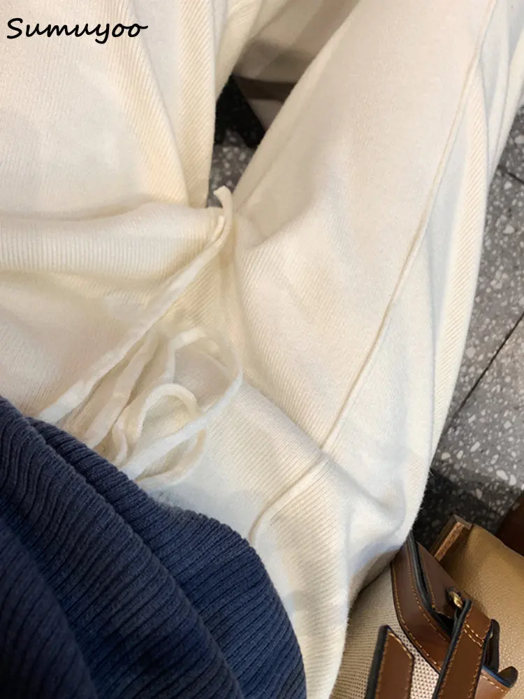 Sumuyoo Thicken Wide Leg Knitted Pants Women Winter Chic Stripe Loose Trousers Femme Casual Full Length Warm Sweater Pants