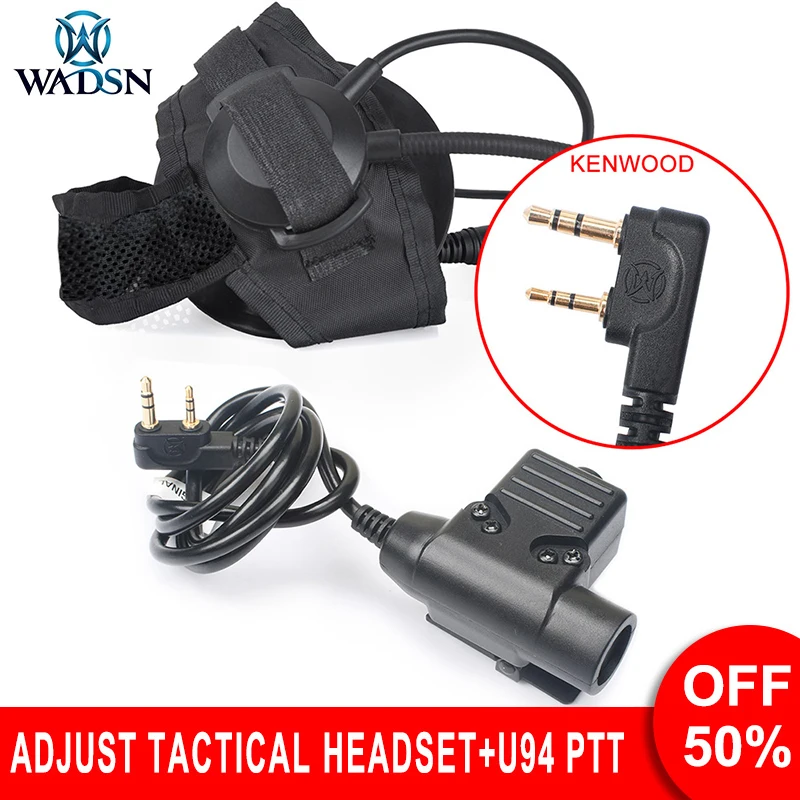 WADSN Tactical Headset with U94 PTT Kenwood Plug Adjust Headband Communication Headphone Hunting Shooting Protection