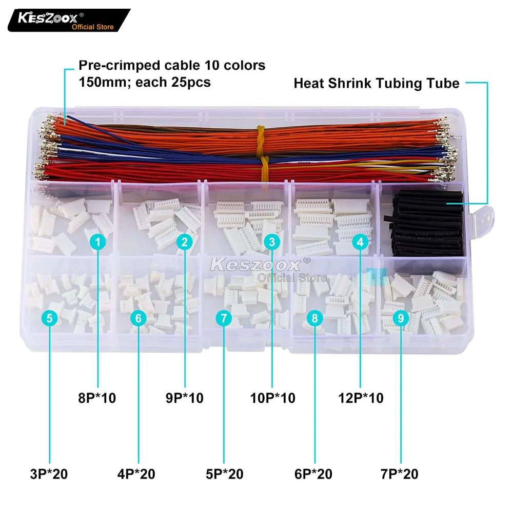 Tcenofoxy JST SH1.0 Cable Connector Kit 390Pcs Male Header 3/4/5/6/7/8/9/10P 28AWG Crimped With Terminal GPS Racing Drone Wire