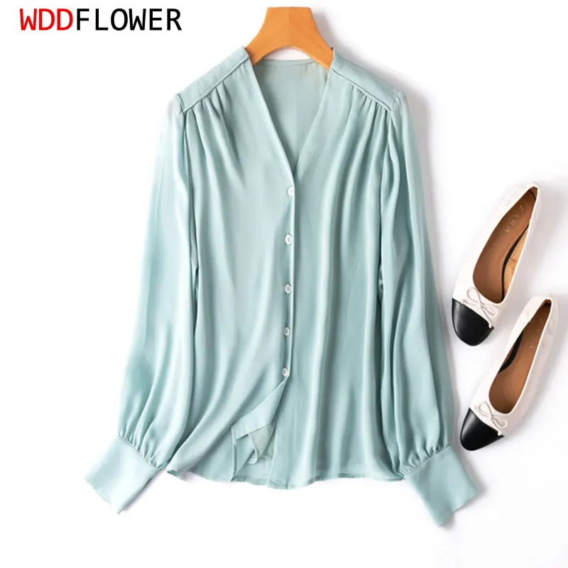 Women Silk Shirt 100% Mulberry Silk Aqua Blue Color V Neck with Lining Buttons Down Long Sleeve Top Blouse MM703