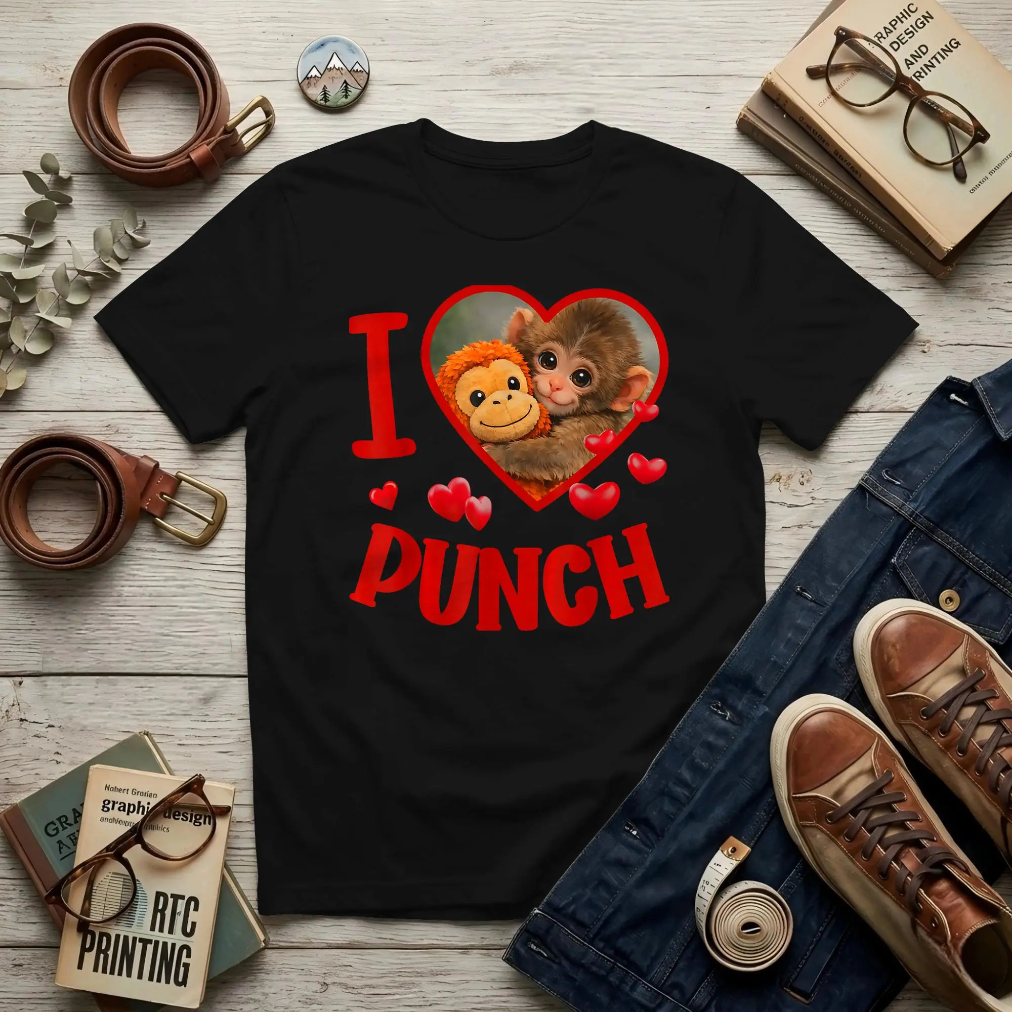 I Love Punch Cute Monkey Punch T Shirt  Men Punch Monkey  Crazy Tees Short Sleeve Round Neck Cotton Birthday Gift Tops T-Shirt