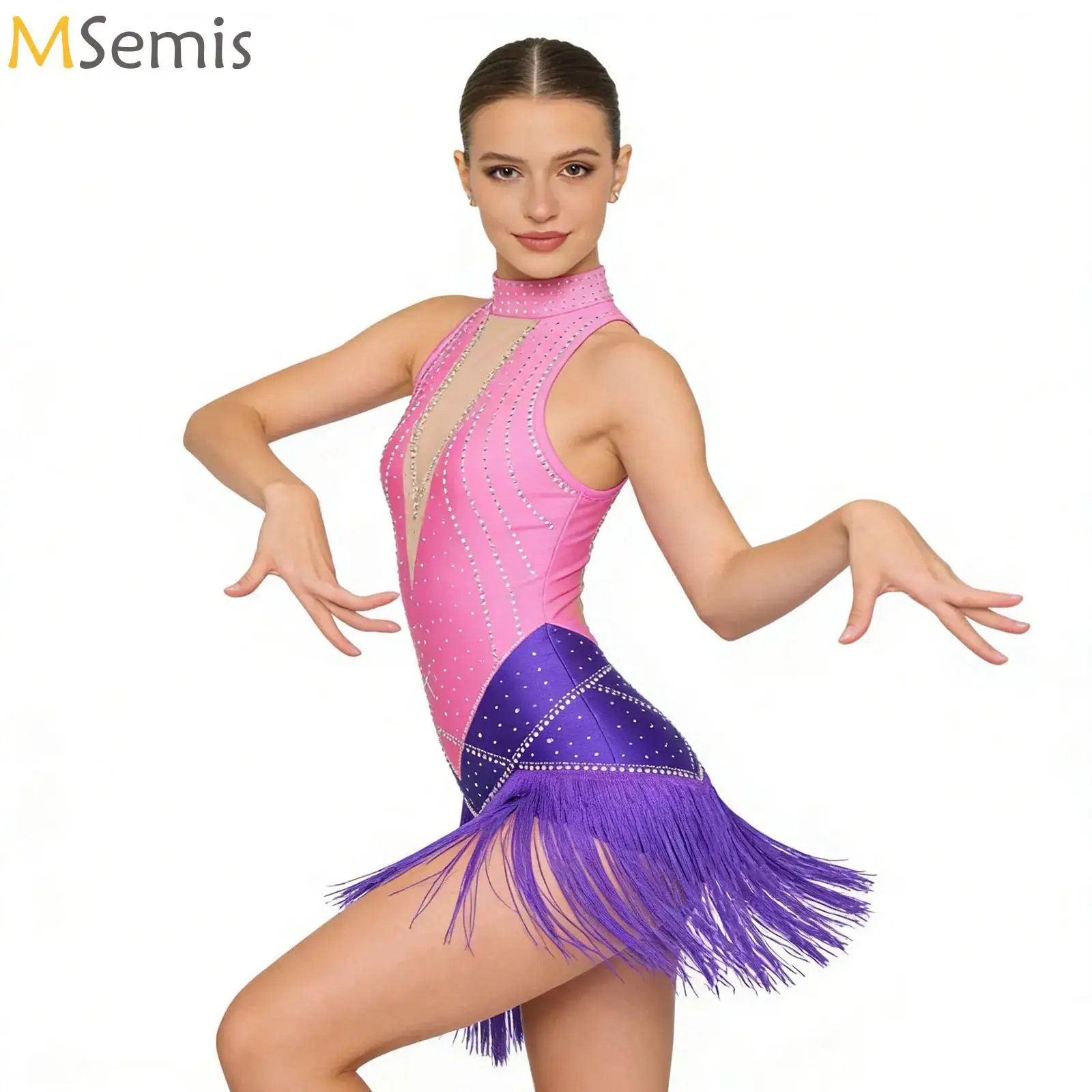 

Womens Latin Dance Fringed Bodysuit Dress Rhinestones Color Block Tassel Sleeveless Jumpsuit for Tango Rumba Salsa Performance