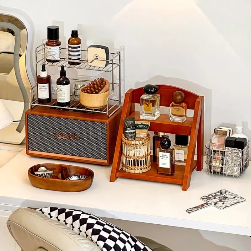 Retro Wooden Shelves Desktop Storage Rack Water Cup Perfume Dressroom Tabletop Cosmetics Storage Jewelry Display Frame Organizer