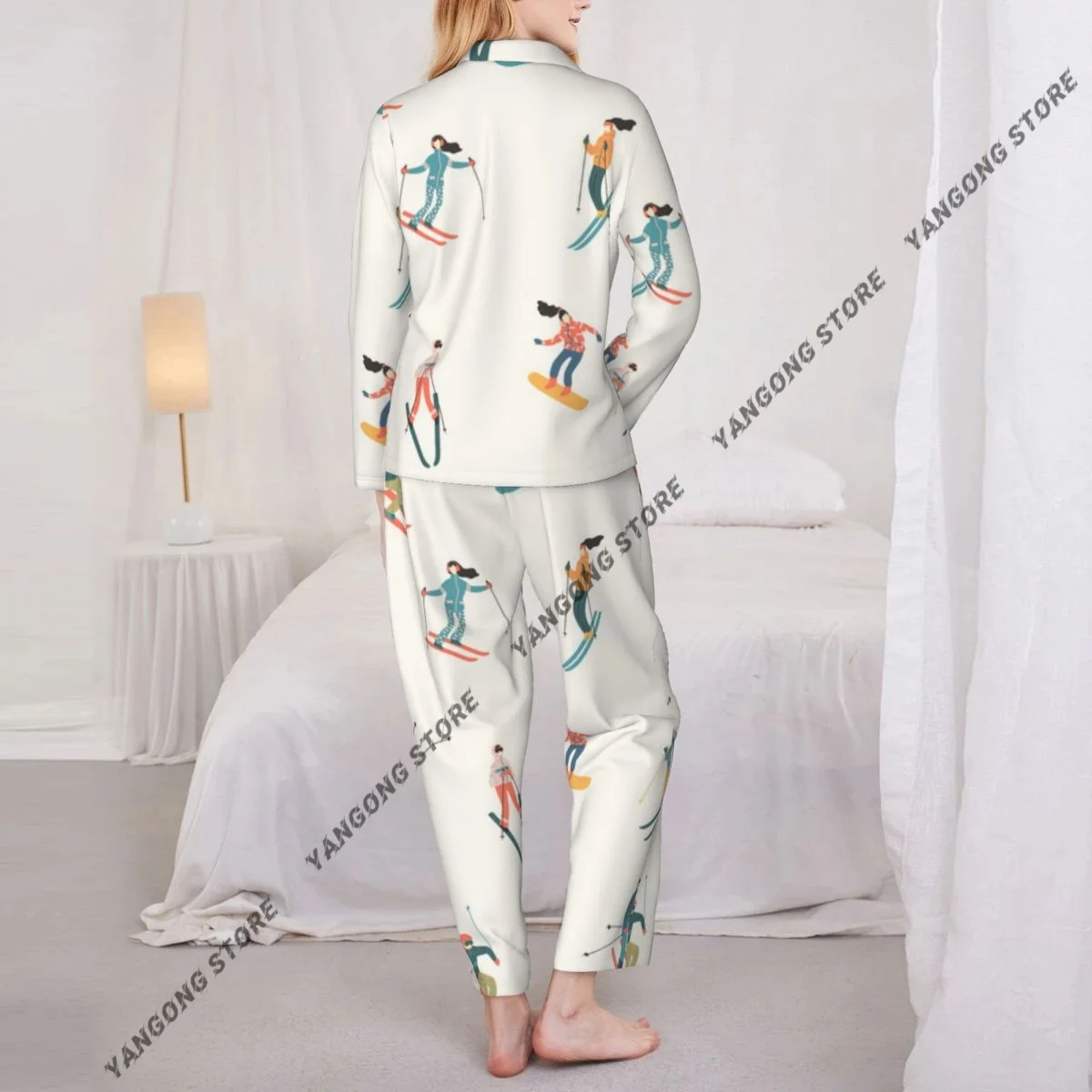 طقم بيجامات نسائية بنمط رياضي شتوي على الجليد مكون من قطعتين ملابس نوم بأزرار سفلية وأكمام طويلة