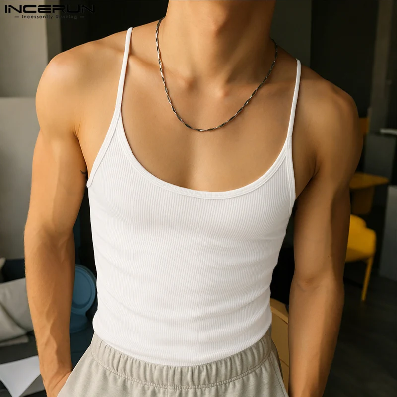 INCERUN Men Tank Tops Solid Color O-neck Sleeveless Sexy Male Vests Summer Streetwear Knitted 2025 Skinny Fashion Men Clothing