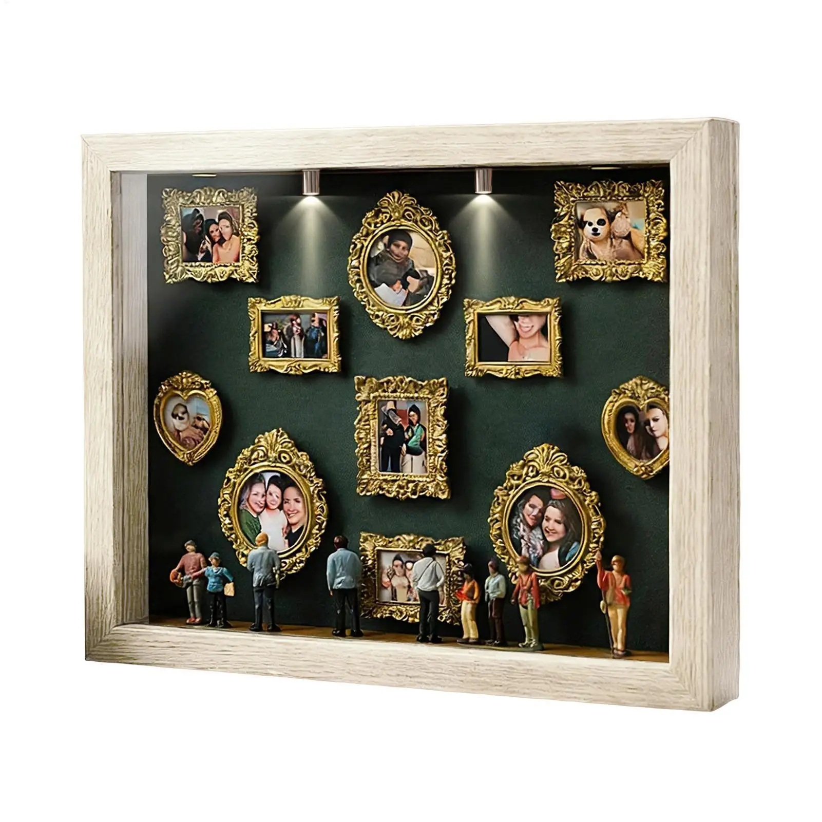 Caja de siluetas DIY Mini Museum con foco, marco de fotos con 11 marcos y 8 muñecas para aniversarios, bodas