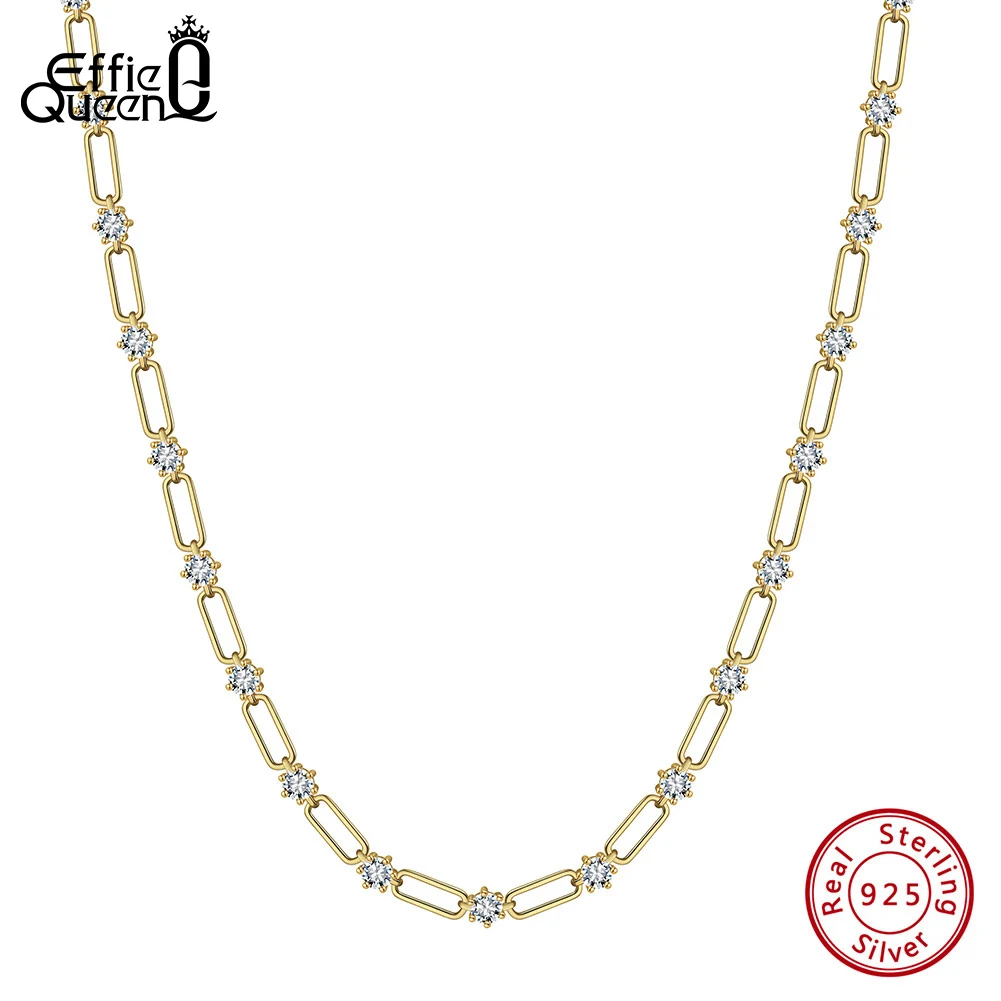 Effie Queen 14K Gold Paperclip Chain Necklace 925 Sterling Silver 24 pcs 4.5mm 8A Premium Sparkling Cubic Zirconia Present LZN19