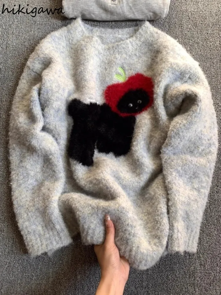 Dog Gray Jumper Korean Sweater for Women Winter Clothing Sueter Mujer O-neck Thicked Casual Fashion Vintage Pullovers Pull Femme