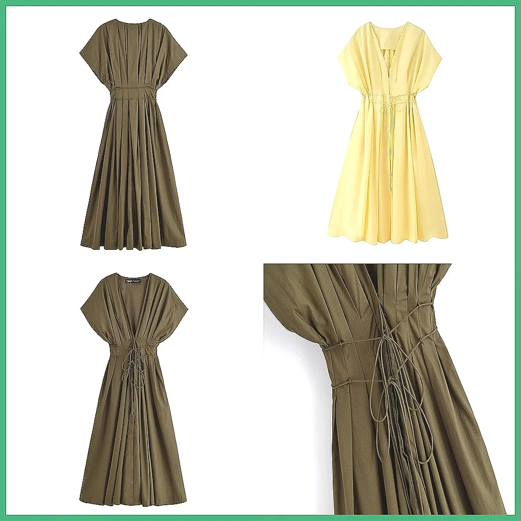 

Vintage Summer Midi Dress for Women: V-Neck Lace-Up, Pleated High Waist Office & Street Wear