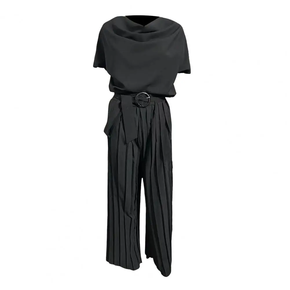

Slim Waist Jumpsuit Elegant Women's Wide Leg Jumpsuit with Belted Waist Pleated Collar for Formal Occasions Office Wear Women