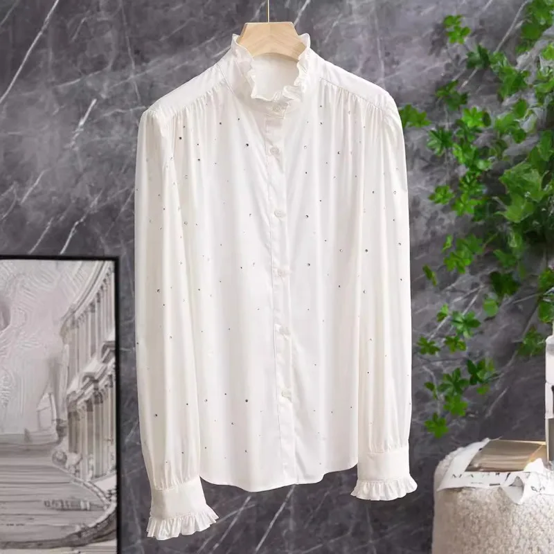 Sparkling Hot Diamond Noble French Court Style Ruffled Collar White Lantern Sleeve Pleated Blouse Woman