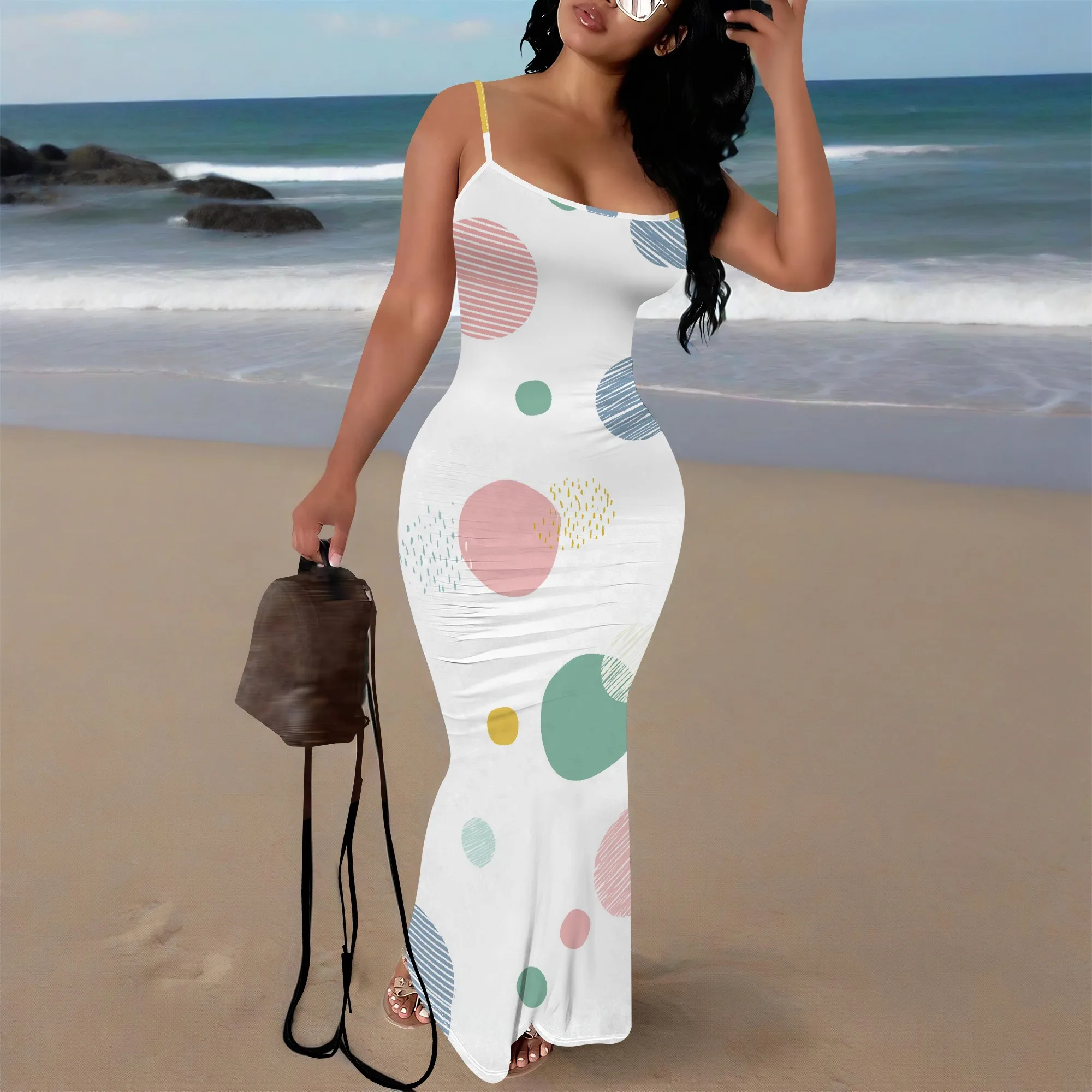 

Women's Polka Dot Maxi Dress XS-3XL | Spaghetti Strap Bodycon Mermaid Sundress | Cute Summer Beach Party Gown
