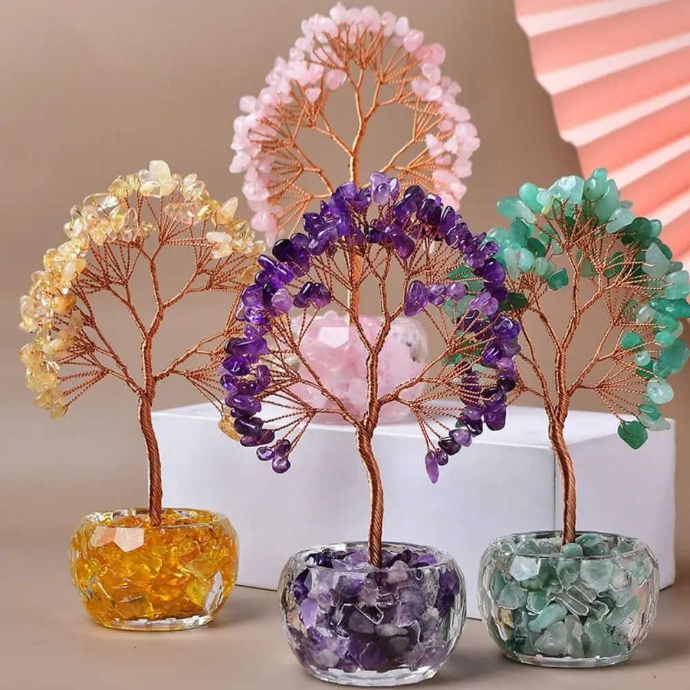 

With Base Natural Crystal Tree Handmade Copper Wire Fortune Tree Figurine Gemstones Stone Tree Ornament Feng Shui Decor