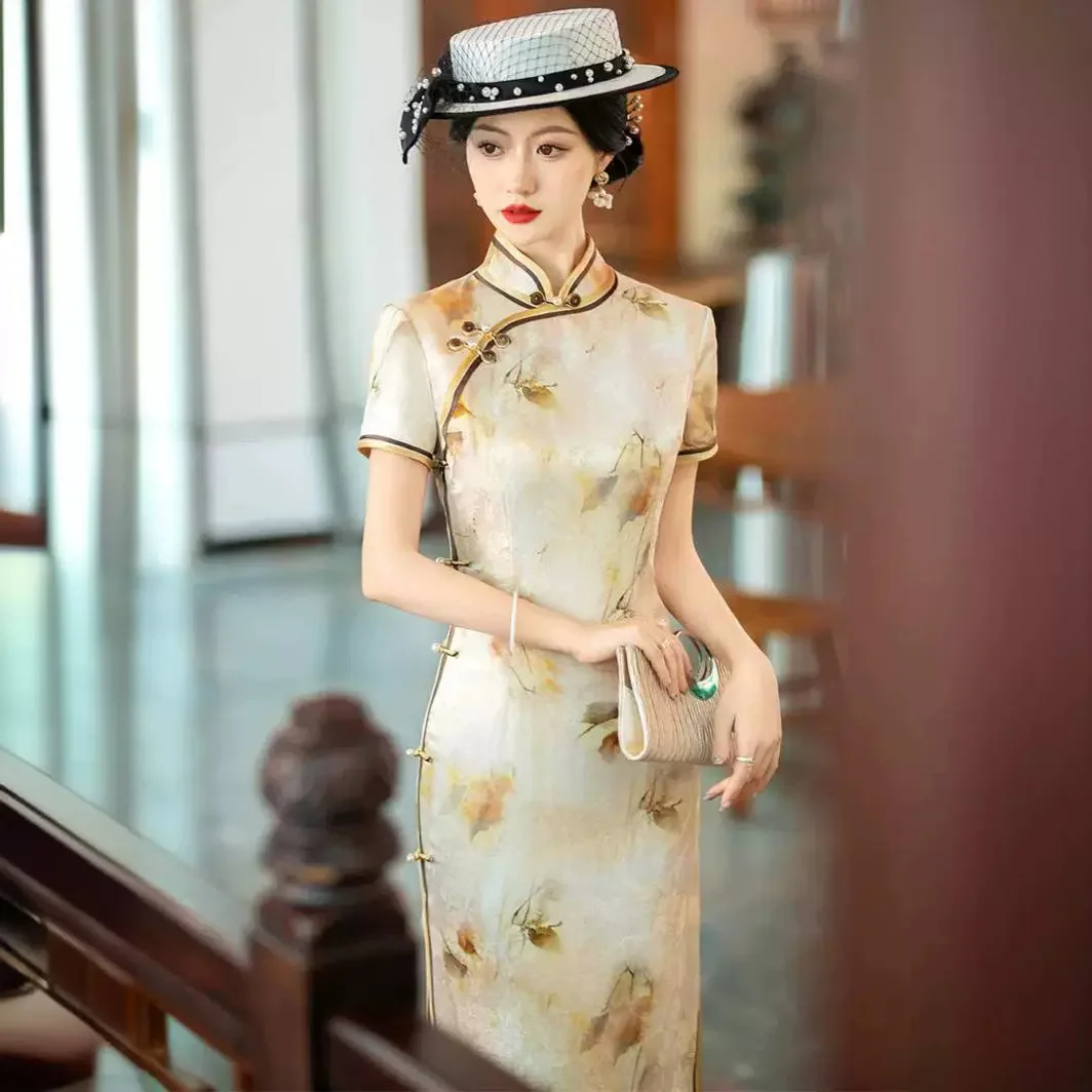 

New High Quality Real Silk Cheongsam Qipao Summer Women 2024 Retro Improved Interwoven Young National Style Dress