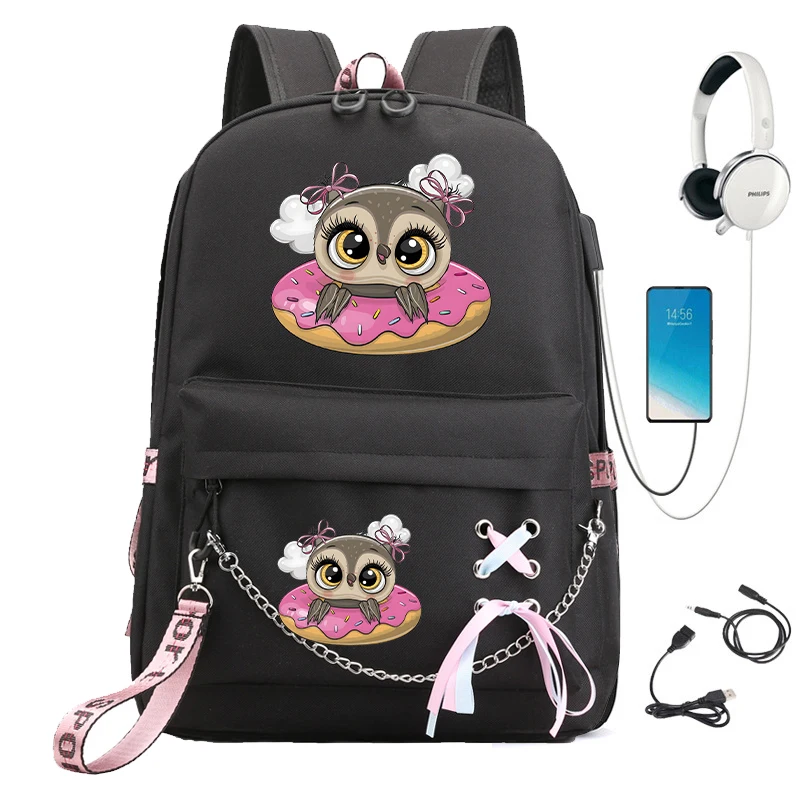 Bolsa de escola fofa donut coruja para meninas, design de anime, mochila infantil, mochila estudantil, manga desenho animado