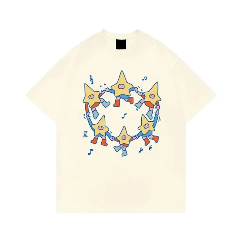 Dopamine Style Unisex Star Cartoon Print Crew Neck Loose Couple Short Sleeve T Shirt Ins Daily Casual Tops S-5XL