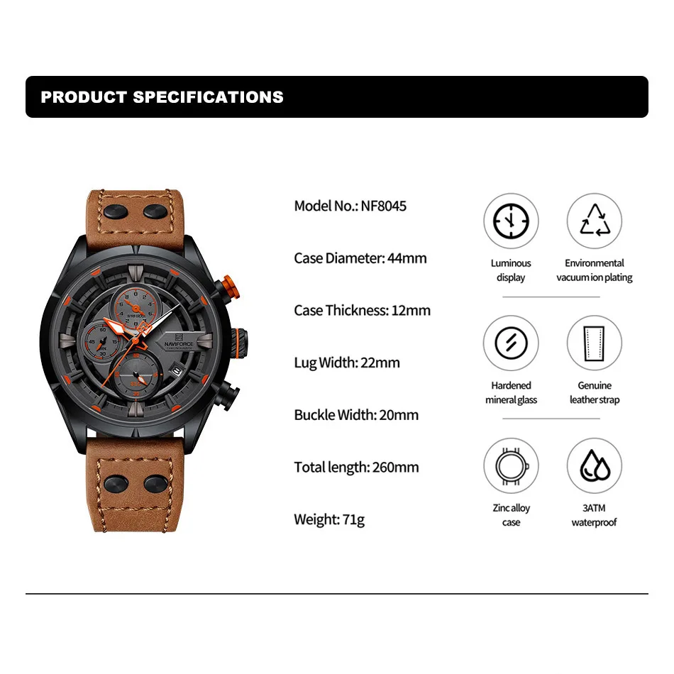 NAVIFORCE Luxury Watch For Men Casual Chronograph Quartz Wristwatches Male Leather Strap Waterproof Clock Relogio Masculino 2024