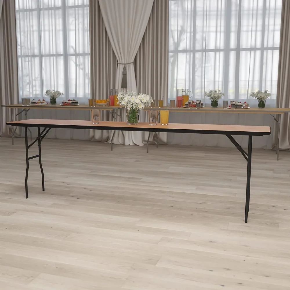 Mesa dobrável de madeira Gael 8' para treinamento e eventos, mesa de treinamento dobrável retangular com tampo acabado revestido transparente e liso, natural